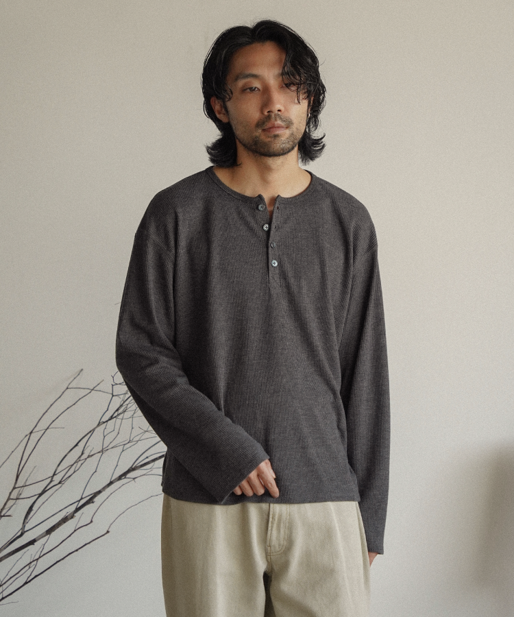 WAFFLE HENLEY NECK L/S TEE