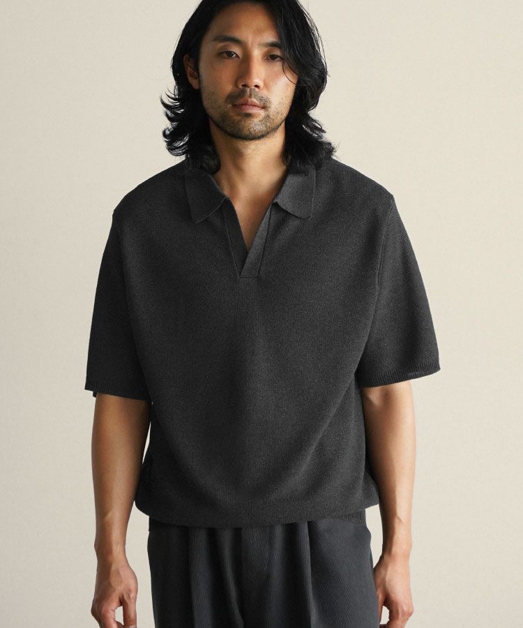 shiun GARTER SKIPPER KNIT ポロシャツ ブラック S shiun(シウン) ONLINE STORE / GARTER SKIPPER KNIT
