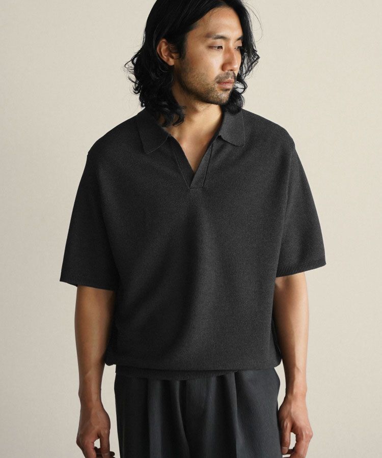 shiun GARTER SKIPPER KNIT ポロシャツ ブラック S shiun(シウン) ONLINE STORE / GARTER SKIPPER KNIT